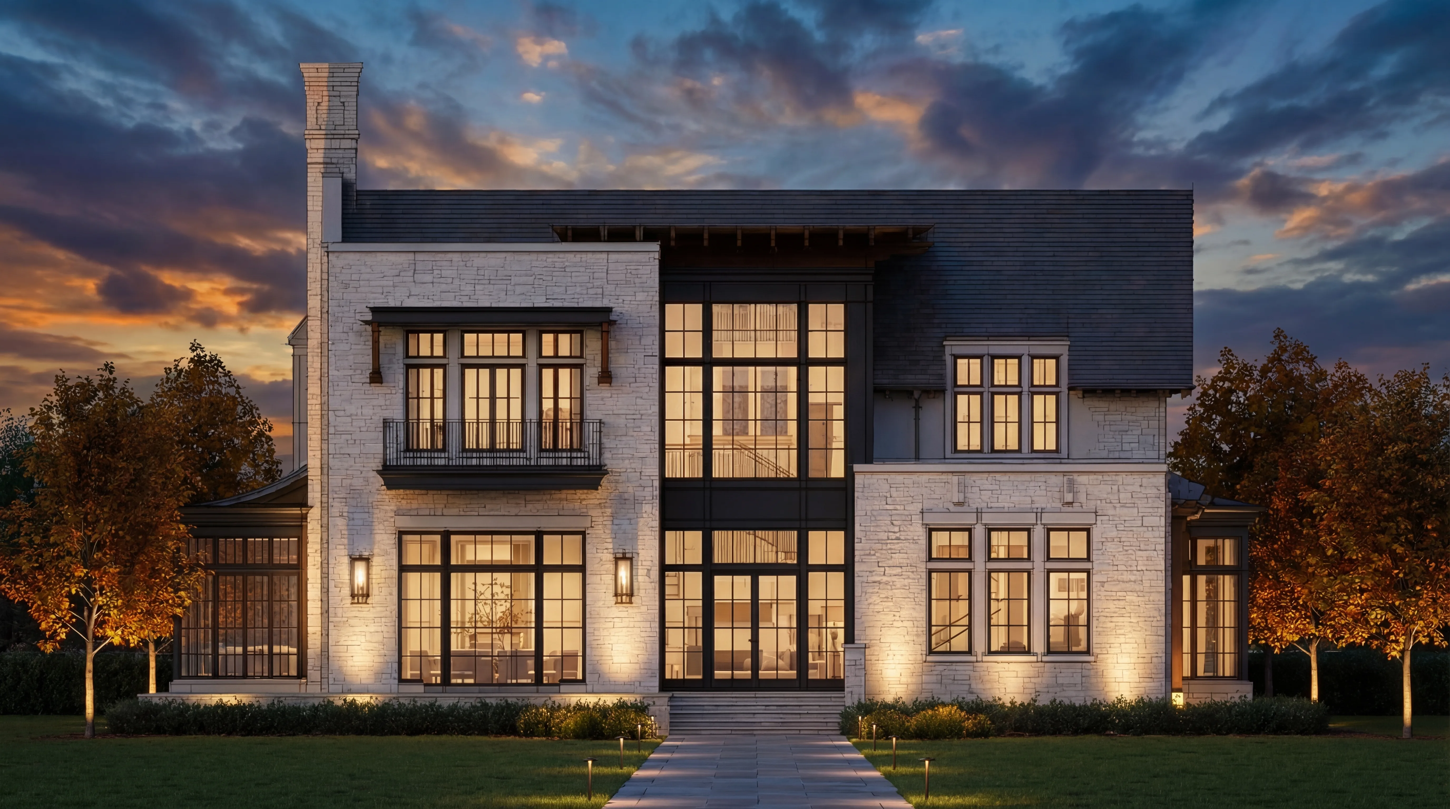 Luxury custom home with limestone facade at twilight in Atlanta