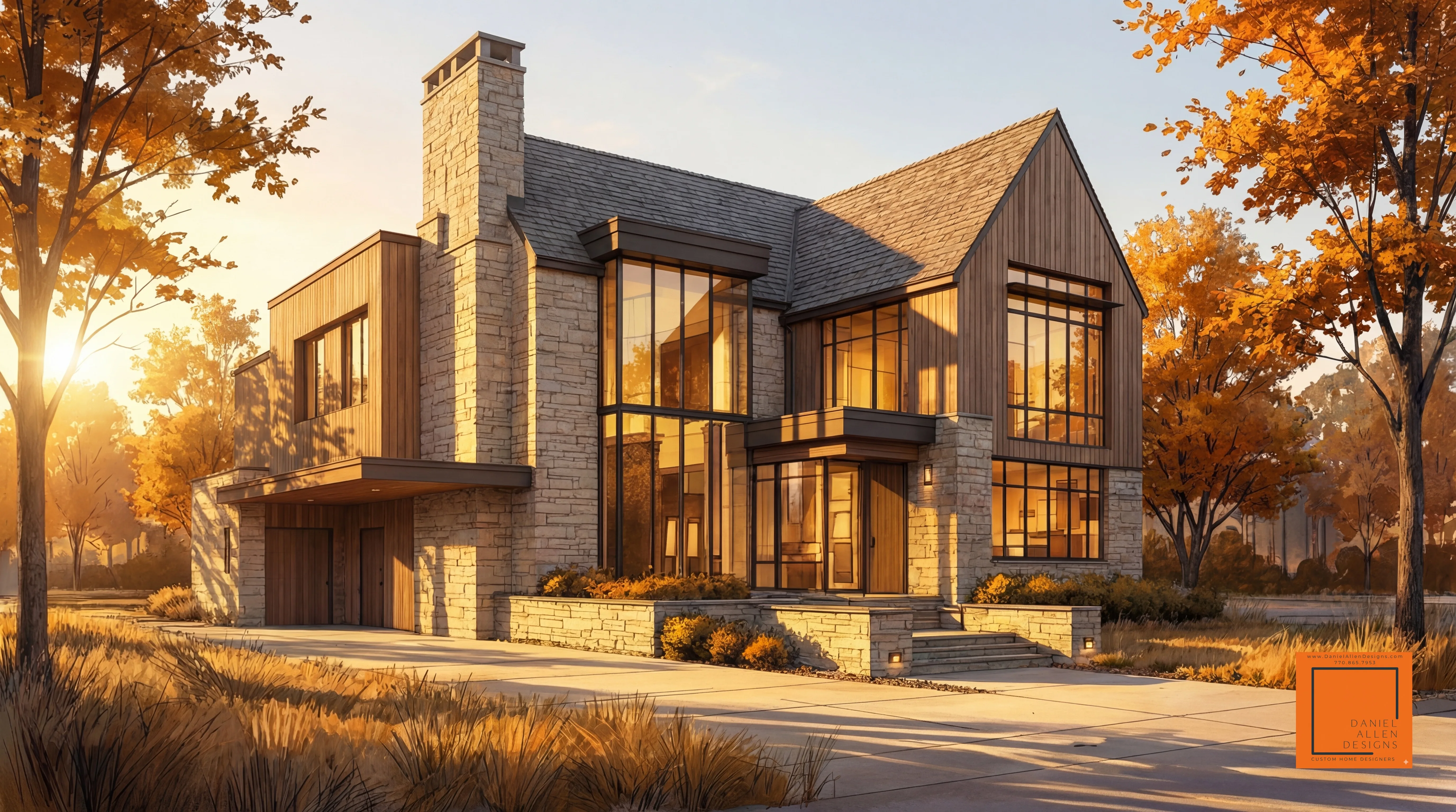 Modern natural stone home with gabled roof