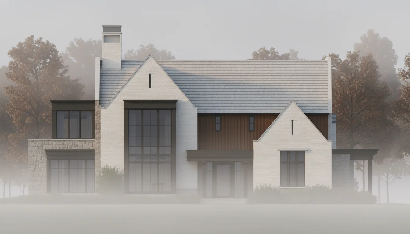 Modern gabled roof with white brick and stone facade in Buckhead